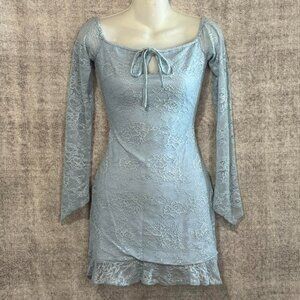 Fairycore Baby Blue Lace Ruffle Hem Tie Front Mini Small
